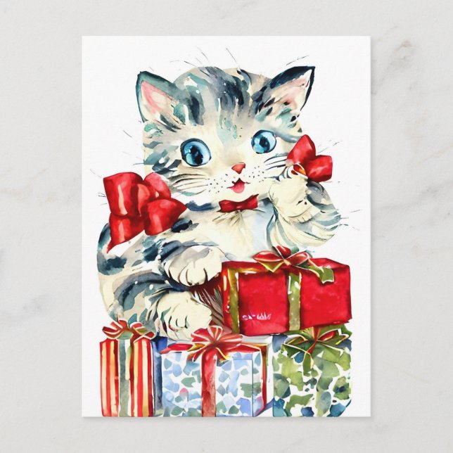 Vintage Christmas Cat with Gifts Holiday Postcard (Front)