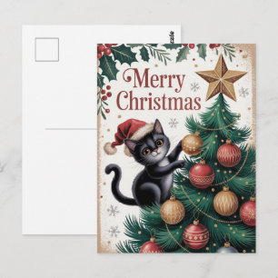 Vintage Christmas Cat with Tree Ornaments Postcard
