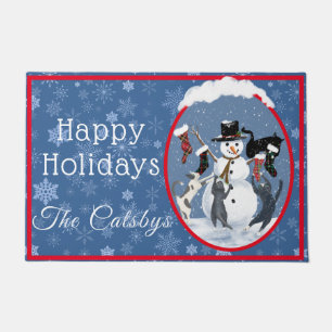 Vintage Christmas Cats and Snowman Custom  Doormat