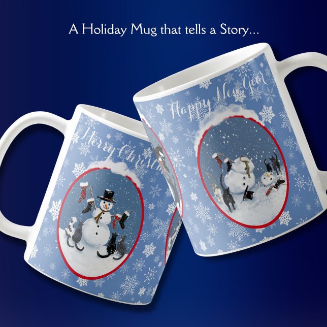 Vintage Christmas Cats and Snowman funny Coffee Mug (Cats meet a snowman funny Cat tale in 3 vintage illustrations. Personalize it)