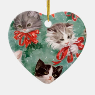 Vintage Christmas Cats Ceramic Ornament