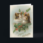 Vintage Christmas Cats Greeting Card<br><div class="desc">Vintage / Victorian / Retro Christmas card.  A Joyous Christmastide!  Two cats surrounded by holly!</div>