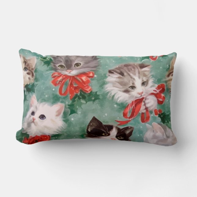 Vintage Christmas Cats Lumbar Pillow (Front)