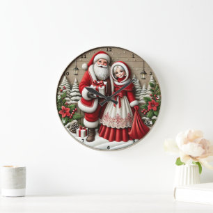 Vintage Christmas Charm Santa & Mrs. Claus Holiday Large Clock