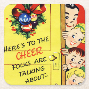 Vintage Christmas Cheer Square Paper Coaster