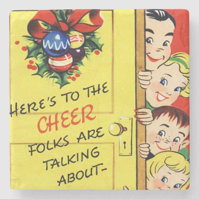 Vintage Christmas Cheer Stone Coaster (Front)