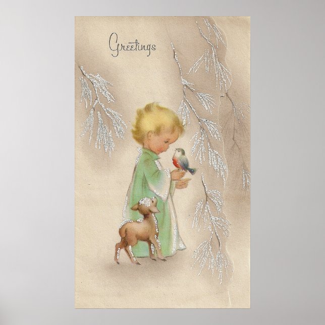 Vintage Christmas child and deer Holiday poster (Front)