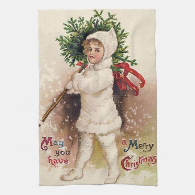 Vintage Christmas Child and tree towel (Vertical)