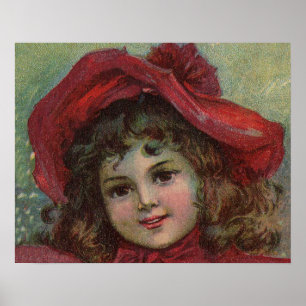 Vintage Christmas child Art red Victorian Dress Poster