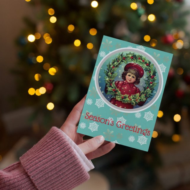 Vintage Christmas  Child - Holly Wreath Postcard (Creator Uploaded)