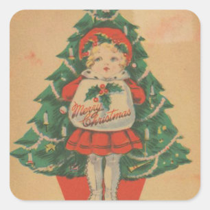 Vintage Christmas Child  infront of Tree Square Sticker