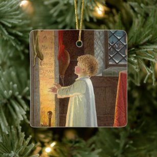 Vintage Christmas, Child Warming by the Fireplace Ceramic Ornament