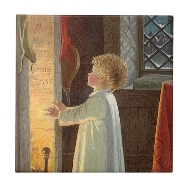 Vintage Christmas, Child Warming by the Fireplace Tile (Front)