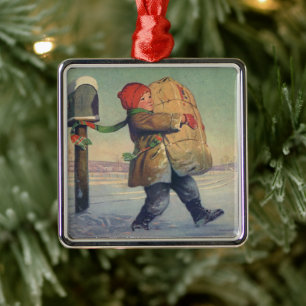 Vintage Christmas, Child with Large Package Metal Ornament