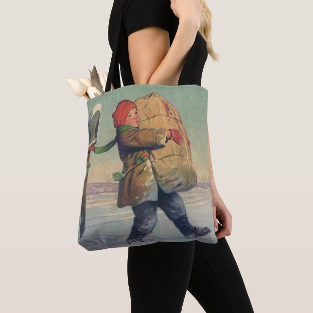 Vintage Christmas, Child with Large Package Tote Bag (Close Up)