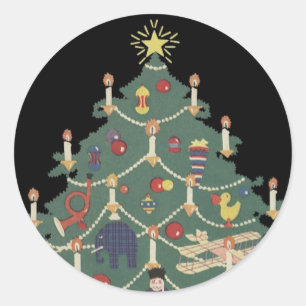 Vintage Christmas Children Around a Decorated Tree Classic Round Sticker