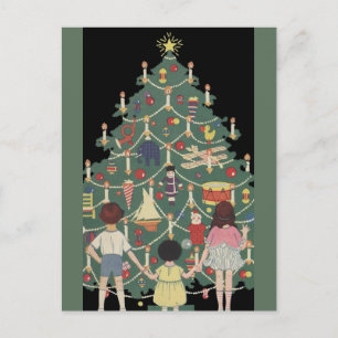 Vintage Christmas Children Around a Decorated Tree Holiday Postcard