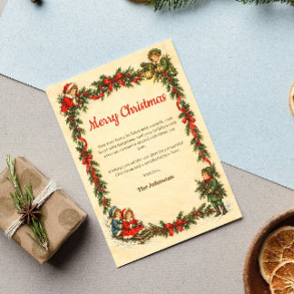 Vintage Christmas Children Greenery Holly Garland Holiday Card