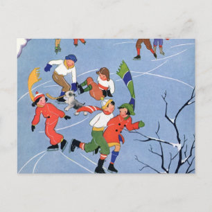 Vintage Christmas, Children Ice Skating on a Lake Holiday Postcard