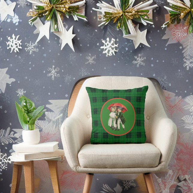 Vintage Christmas Children on Green Plaid  Throw Pillow (Creator Uploaded)