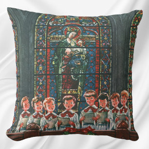 Vintage Christmas Children Singing Choir in Church Throw Pillow