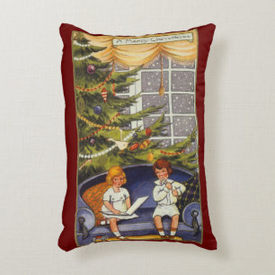 Vintage Christmas, Children Sitting on a Couch Accent Pillow