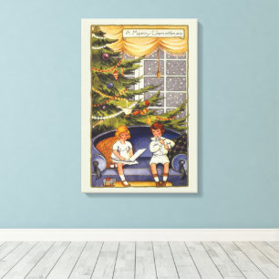 Vintage Christmas, Children Sitting on a Couch Canvas Print