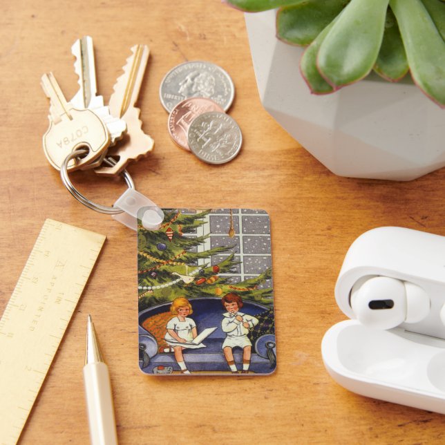 Vintage Christmas, Children Sitting on a Couch Keychain (Desk)
