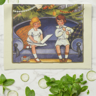 Vintage Christmas, Children Sitting on a Couch Kitchen Towel