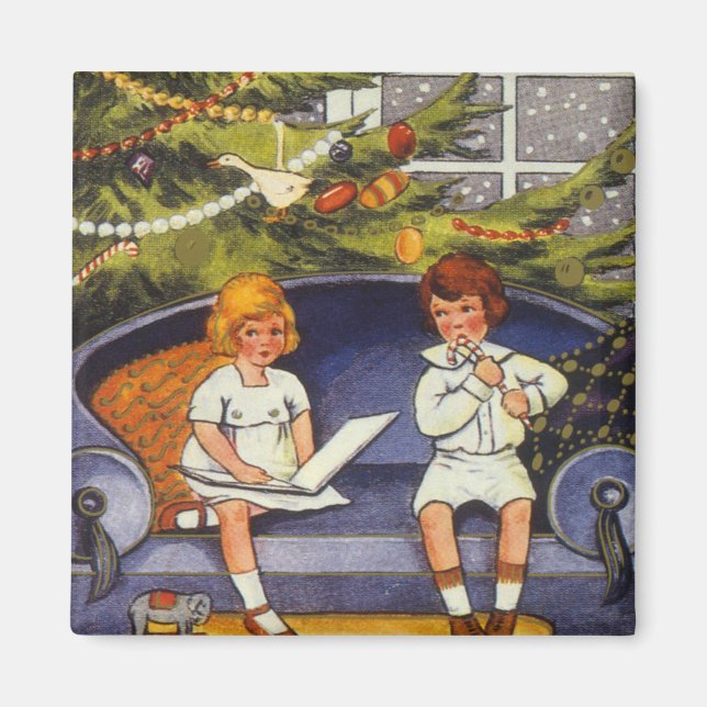 Vintage Christmas, Children Sitting on a Couch Magnet (Front)