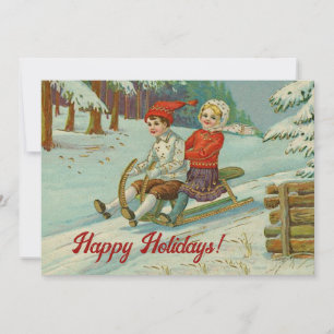 Vintage Christmas Children Sledding in Snow Holiday Card