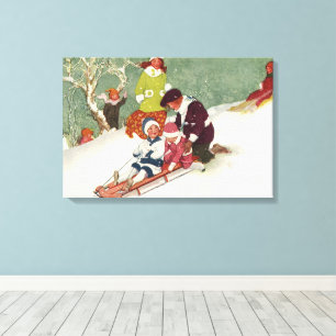 Vintage Christmas, Children Sledding in the Snow Canvas Print