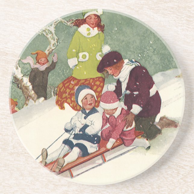 Vintage Christmas, Children Sledding in the Snow Coaster (Front)