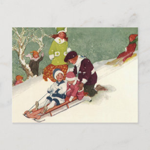 Christmas Kids Sledding Lillian Vernon Post Card Unused Children playing in snow