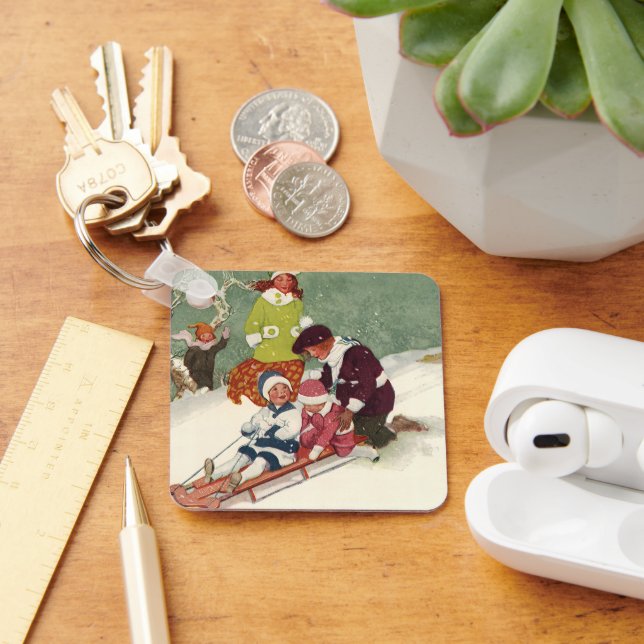 Vintage Christmas, Children Sledding in the Snow Keychain (Desk)