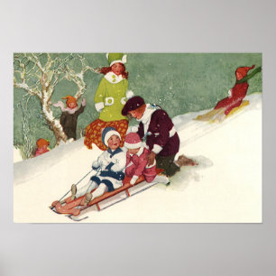 Vintage Christmas, Children Sledding in the Snow Poster