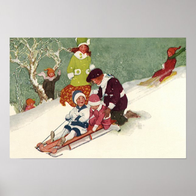 Vintage Christmas, Children Sledding in the Snow Poster (Front)