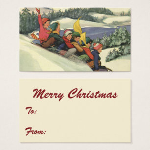 Vintage Christmas, Children Sledding on a Mountain
