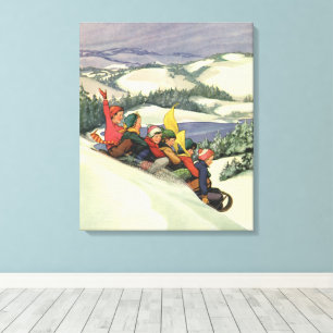 Vintage Christmas, Children Sledding on a Mountain Canvas Print