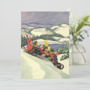 Vintage Christmas, Children Sledding on a Mountain Invitation