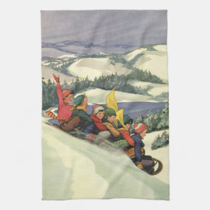 Vintage Christmas, Children Sledding on a Mountain Kitchen Towel