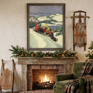 Vintage Christmas, Children Sledding on a Mountain Poster