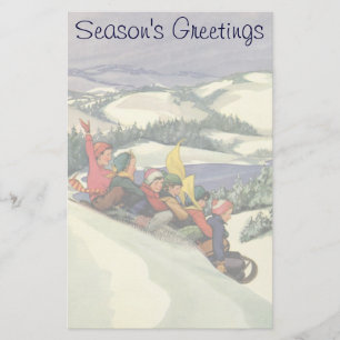Vintage Christmas, Children Sledding on a Mountain Stationery