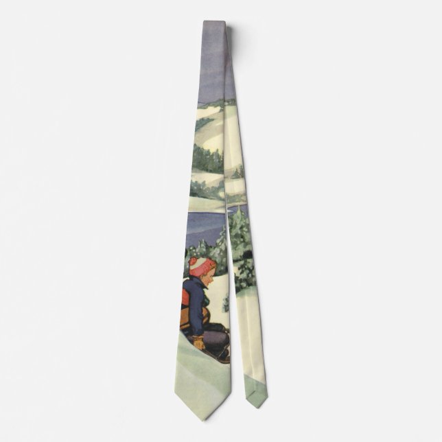Vintage Christmas, Children Sledding on a Mountain Tie (Front)