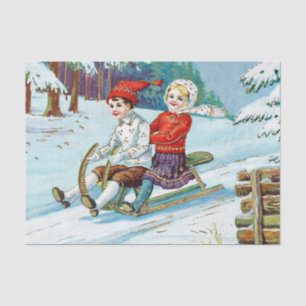 Vintage Christmas Children Sledding Tissue Paper