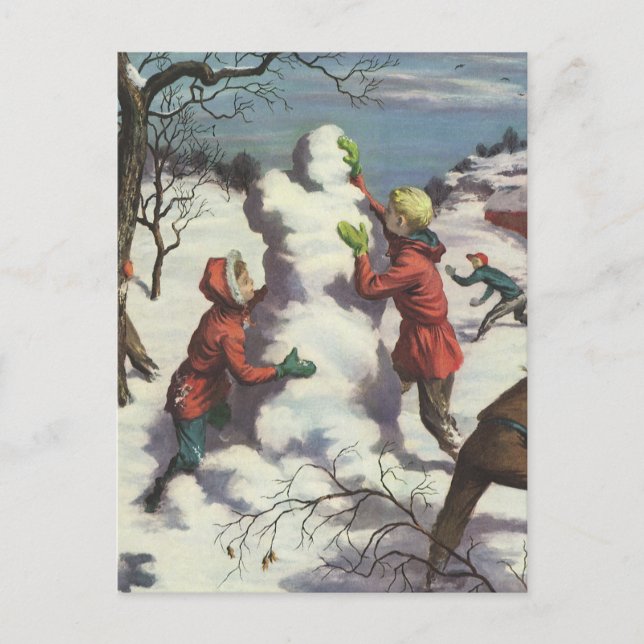 Vintage Christmas, Children Snowball Fight Holiday Postcard (Front)