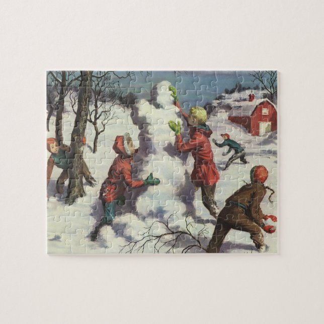 Vintage Christmas, Children Snowball Fight Jigsaw Puzzle (Horizontal)