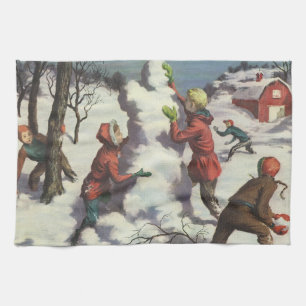 Vintage Christmas, Children Snowball Fight Kitchen Towel