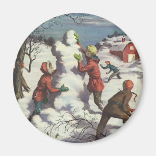Vintage Christmas, Children Snowball Fight Magnet
