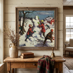 Vintage Christmas, Children Snowball Fight Poster